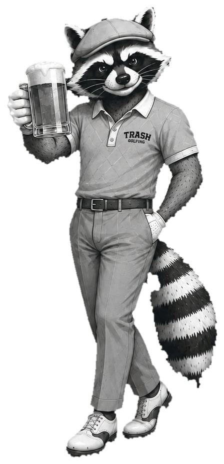 Raccoon in golf attire raising a beer — Trash Golfing